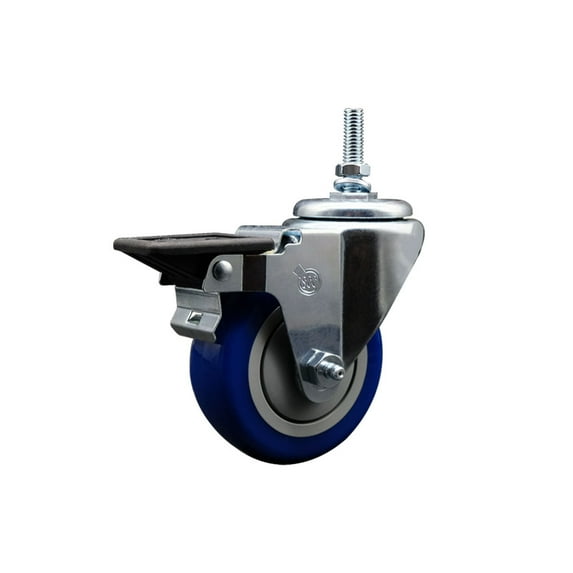 3.5 Inch Blue Polyurethane 3/8 Inch Threaded Stem Caster with Brake