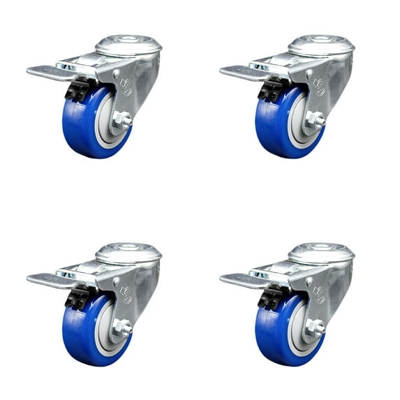 3.5 Inch Blue Polyurethane Swivel Bolt Hole Caster Set with Total Lock Brake