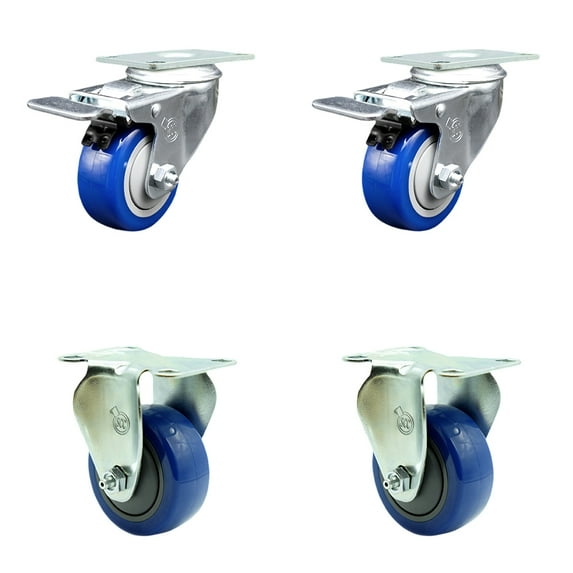 3.5 Inch Blue Polyurethane Swivel Top Plate Caster Set 2 Lock Brake 2 Rigid SCC