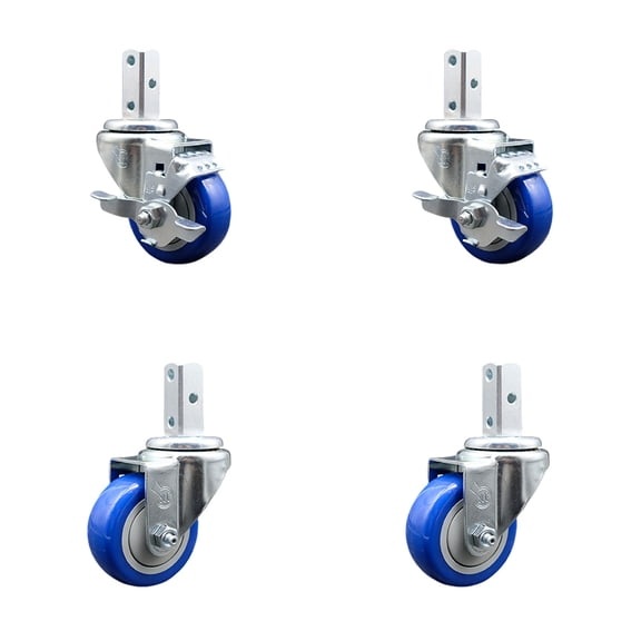 3.5 Inch Blue Polyurethane Wheel Swivel 3/4 Inch Square Stem Caster Set 2 Brake