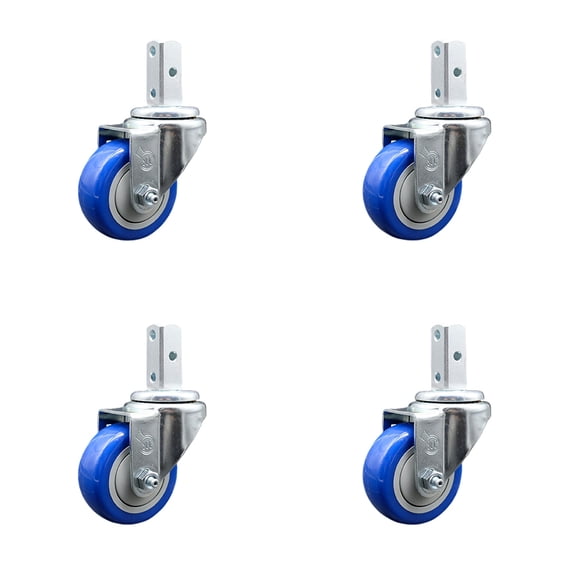 3.5 Inch Blue Polyurethane Wheel Swivel 3/4 Inch Square Stem Caster Set SCC