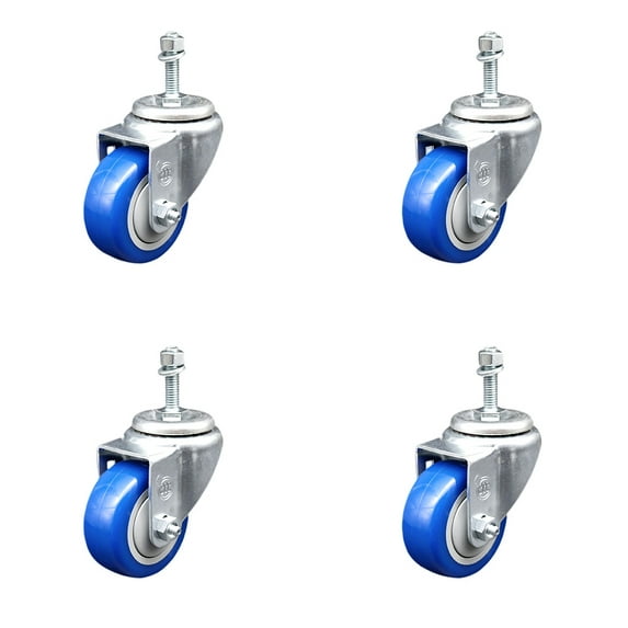 3.5 Inch Blue Polyurethane Wheel Swivel 3/8 Inch Threaded Stem Caster Set SCC