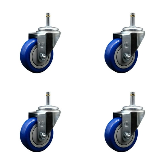 3.5 Inch Blue Polyurethane Wheel Swivel 7/16 Inch Grip Ring Stem Caster Set SCC