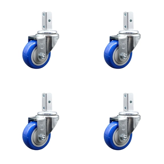 3.5 Inch Blue Polyurethane Wheel Swivel 7/8 Inch Square Stem Caster Set SCC