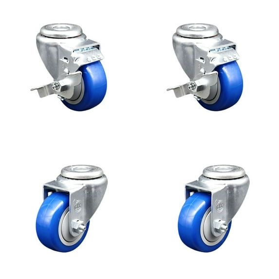 3.5 Inch Blue Polyurethane Wheel Swivel Bolt Hole Caster Set with 2 Brake SCC