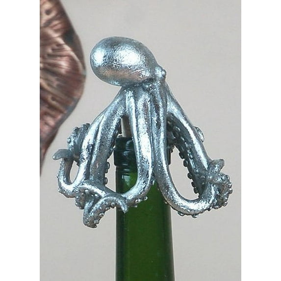 3.5 Inch Cork Wine Bottle Stopper with Octopus, Silver Colored