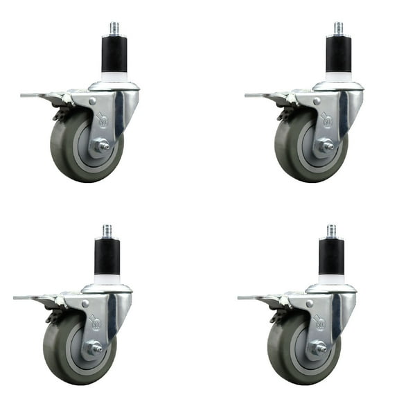 3.5 Inch Gray Poly Swivel 1-1/2 Inch Expanding Stem Caster Set Total Lock Brake