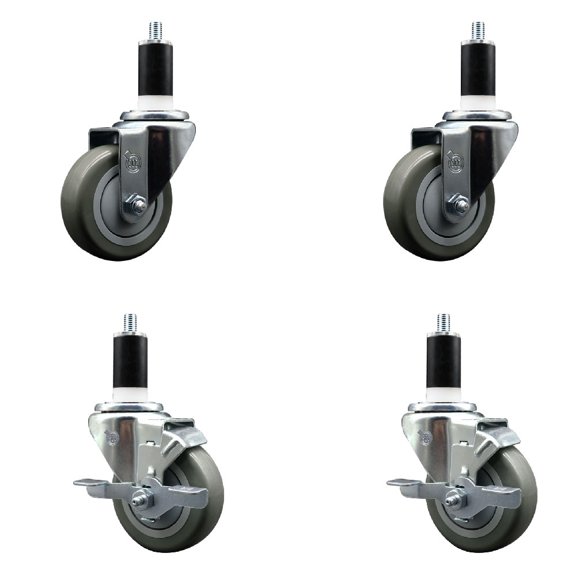 3.5 Inch Gray Poly Wheel Swivel 1-3/8 Inch Expanding Stem Caster Set 2 Brakes