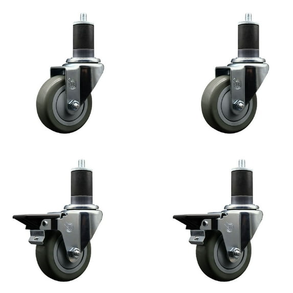 3.5 Inch Gray Poly Wheel Swivel 1-5/8 Inch Expanding Stem Caster Set 2 Brakes