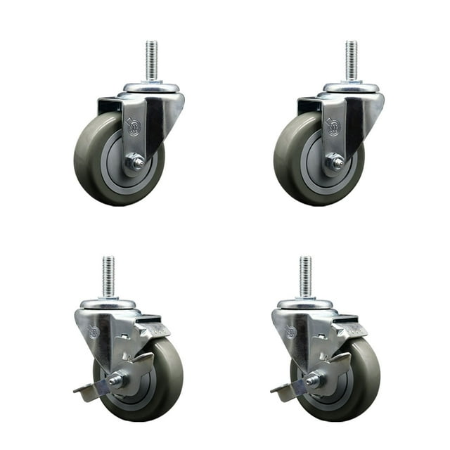 3.5 Inch Gray Poly Wheel Swivel 5/8 Inch Threaded Stem Caster Set 2 Brakes