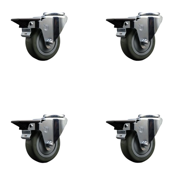 3.5 Inch Gray Poly Wheel Swivel Bolt Hole Caster Set with Posi Lock Brakes SCC