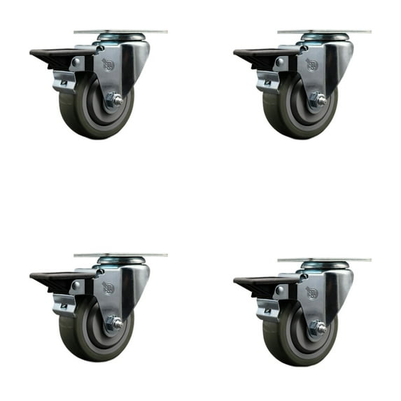 3.5 Inch Gray Poly Wheel Swivel Top Plate Caster Set Posi Brake Service Caster