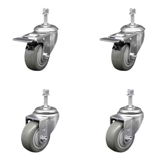3.5 Inch Gray Polyurethane Swivel 10mm Stem Caster Set 2 Total Lock Brake