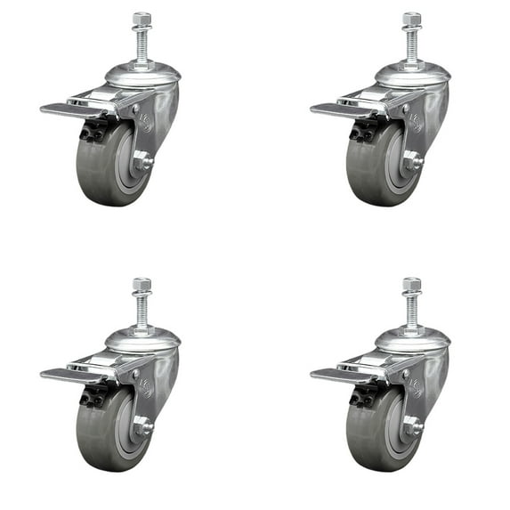 3.5 Inch Gray Polyurethane Swivel 10mm Stem Caster Set with Total Lock Brake