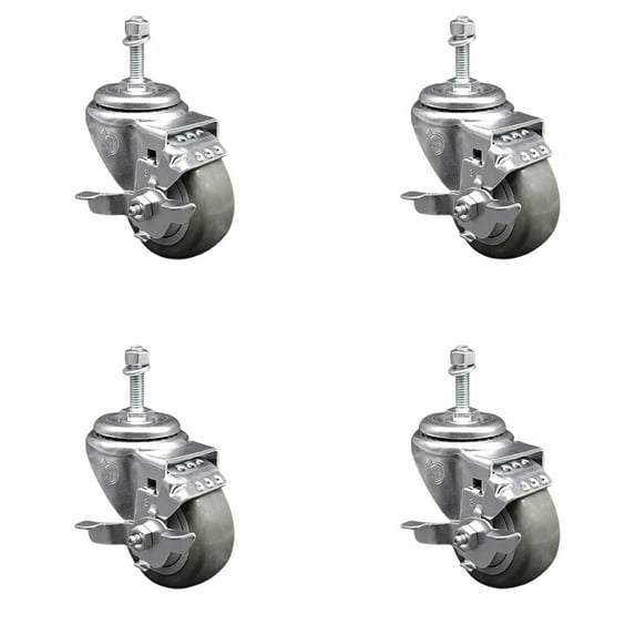 3.5 Inch Gray Polyurethane Swivel 10mm Threaded Stem Caster Set with Brake