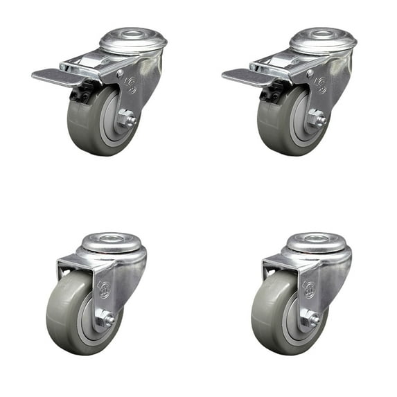 3.5 Inch Gray Polyurethane Swivel Bolt Hole Caster Set with 2 Total Lock Brake