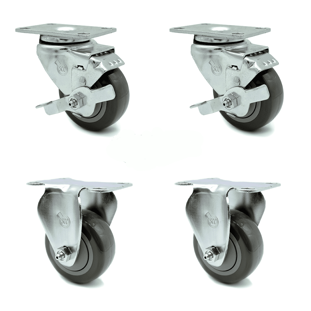 3.5 Inch Gray Polyurethane Swivel Top Plate Caster Set with 2 Brake 2 Rigid SCC