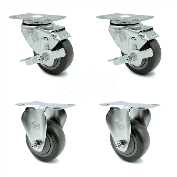 3.5 Inch Gray Polyurethane Swivel Top Plate Caster Set with 2 Brake 2 Rigid SCC