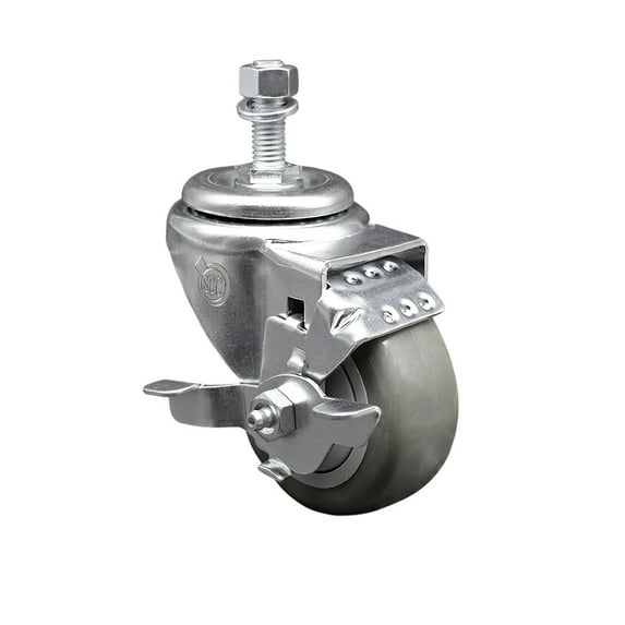 3.5 Inch Gray Polyurethane Wheel Swivel 12mm Threaded Stem Caster with Brake