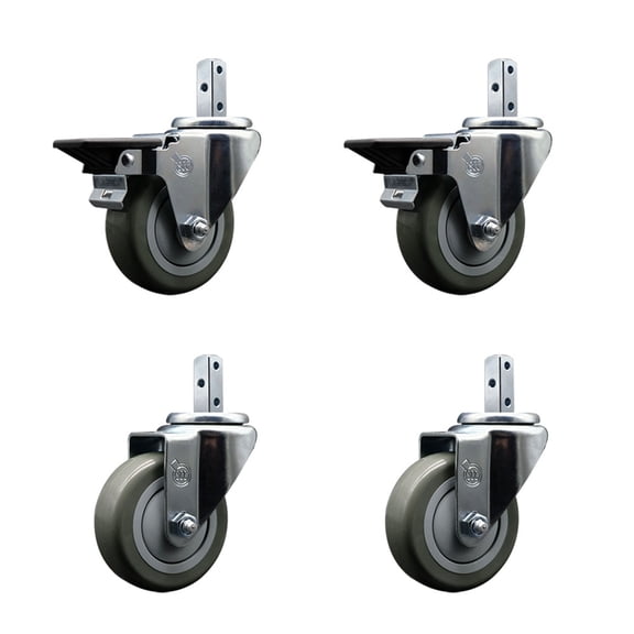 3.5 Inch Gray Polyurethane Wheel Swivel 3/4 Inch Square Stem Caster Set 2 Brake