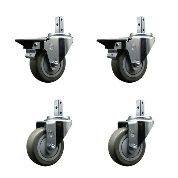 3.5 Inch Gray Polyurethane Wheel Swivel 7/8 Inch Square Stem Caster Set 2 Brake