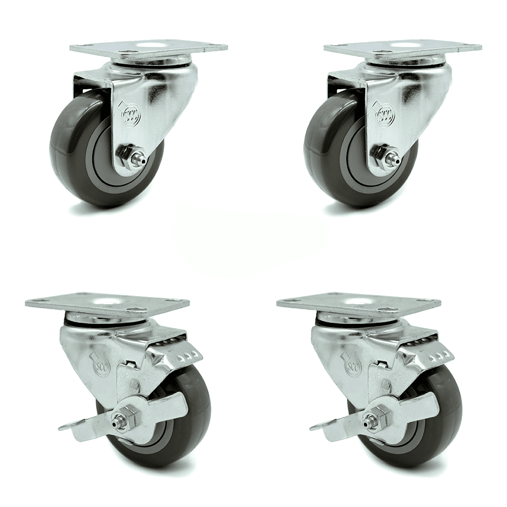 3.5 Inch Gray Polyurethane Wheel Swivel Top Plate Caster Set with 2 Brakes SCC
