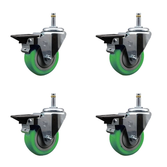 3.5 Inch Green Poly Swivel 7/16 Inch Grip Ring Stem Caster Set with Brake