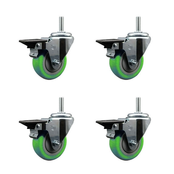 3.5 Inch Green Poly Wheel Swivel 3/4 Inch Threaded Stem Caster Set with Brake