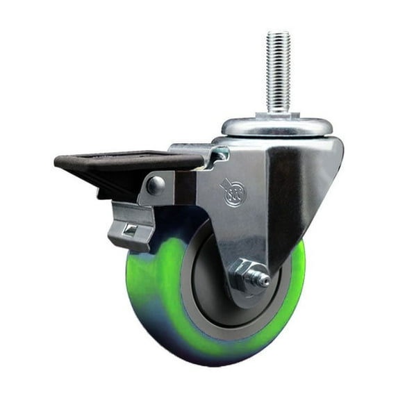 3.5 Inch Green Poly Wheel Swivel 3/4 Inch Threaded Stem Caster with Brake