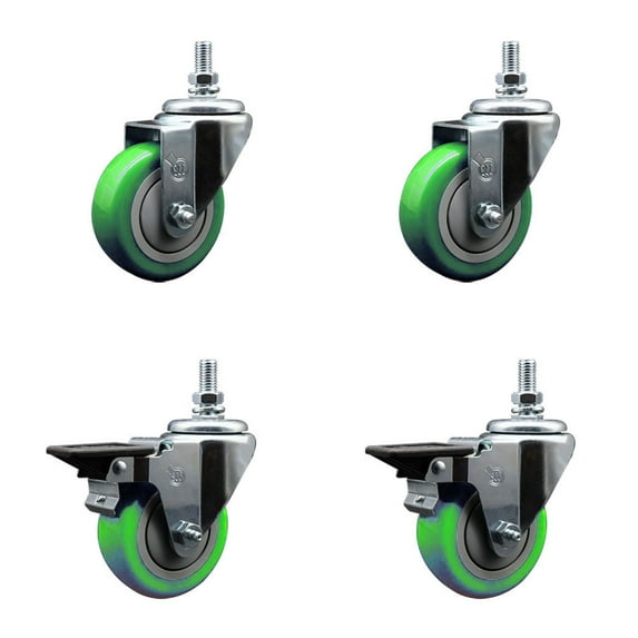 3.5 Inch Green Polyurethane ½ Inch Threaded Stem Caster Set 2 Brakes SCC
