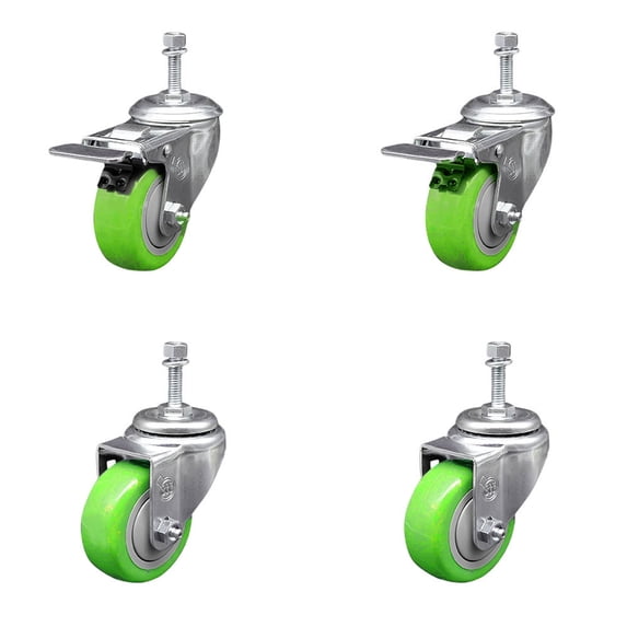 3.5 Inch Green Polyurethane Swivel 10mm Stem Caster Set 2 Total Lock Brake