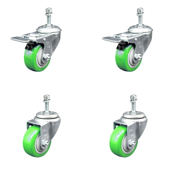 3.5 Inch Green Polyurethane Swivel 3/8 Inch Stem Caster Set 2 Total Lock Brake