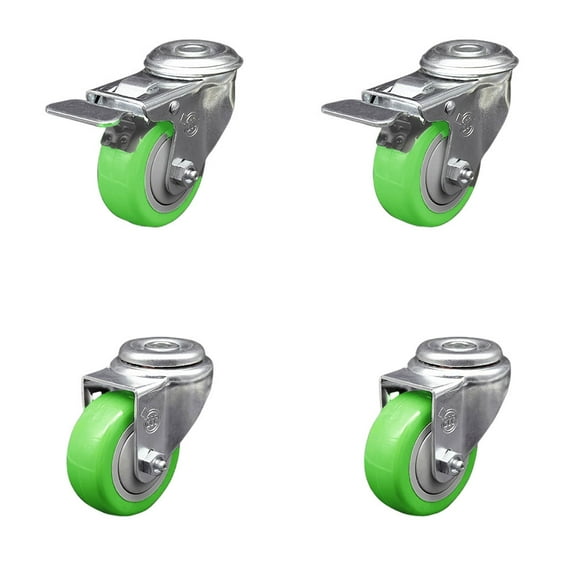 3.5 Inch Green Polyurethane Swivel Bolt Hole Caster Set with 2 Total Lock Brake