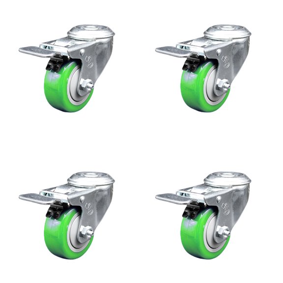 3.5 Inch Green Polyurethane Swivel Bolt Hole Caster Set with Total Lock Brake