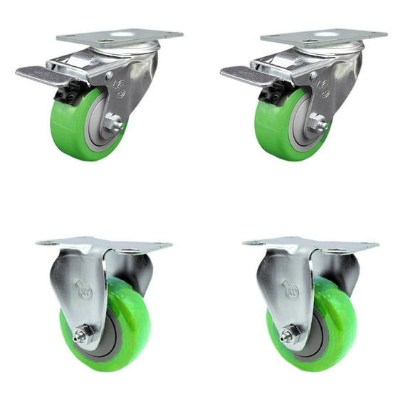 3.5 Inch Green Polyurethane Swivel Top Plate Caster Set 2 Lock Brake 2 Rigid SCC