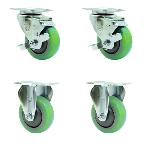 3.5 Inch Green Polyurethane Swivel Top Plate Caster Set with 2 Brake 2 Rigid SCC