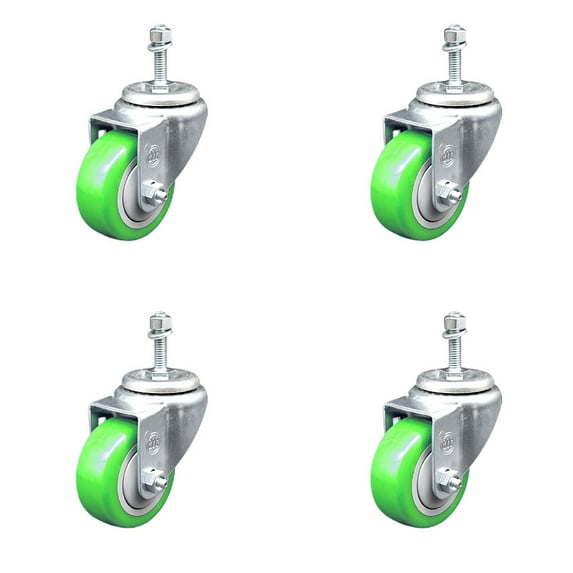 3.5 Inch Green Polyurethane Wheel Swivel 10mm Threaded Stem Caster Set SCC