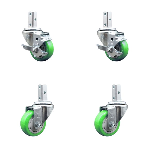 3.5 Inch Green Polyurethane Wheel Swivel 3/4 Inch Square Stem Caster Set 2 Brake