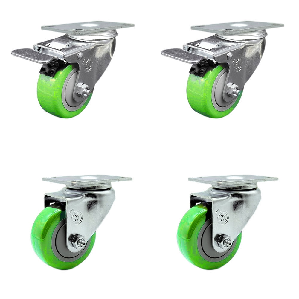 3.5 Inch Green Polyurethane Wheel Swivel Top Plate Caster Set 2 Total Lock Brake