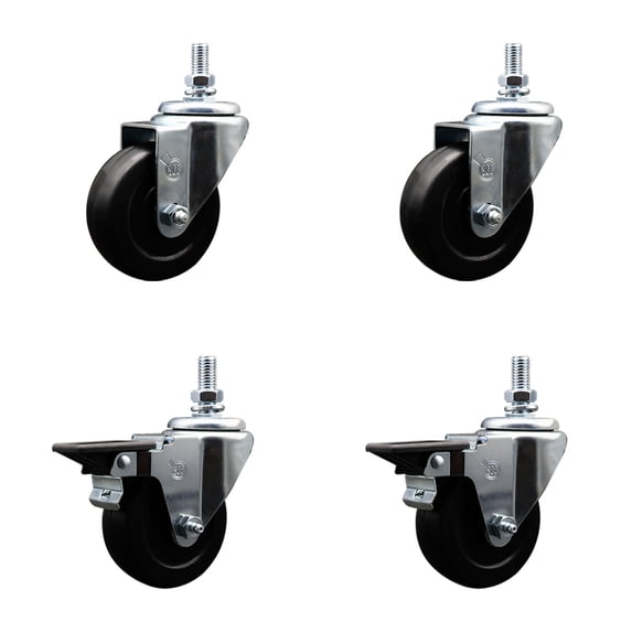 3.5 Inch Hard Rubber 10MM Threaded Stem Caster Set 2 Brakes SCC