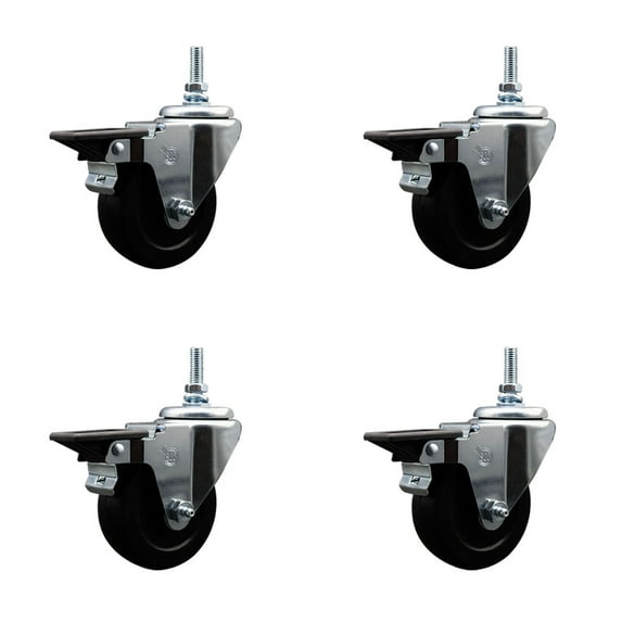 3.5 Inch Hard Rubber 12MM Threaded Stem Caster Set with Brake