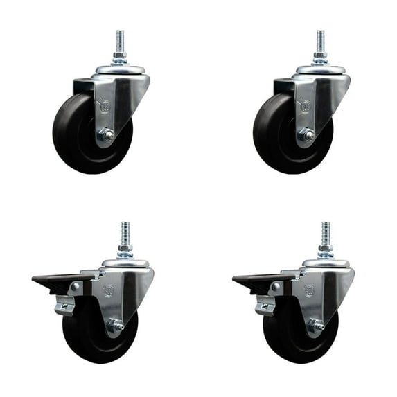 3.5 Inch Hard Rubber 3/8 Inch Threaded Stem Caster Set 2 Brakes SCC
