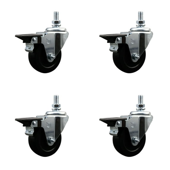 3.5 Inch Hard Rubber ½ Inch Threaded Stem Caster Set with Brake