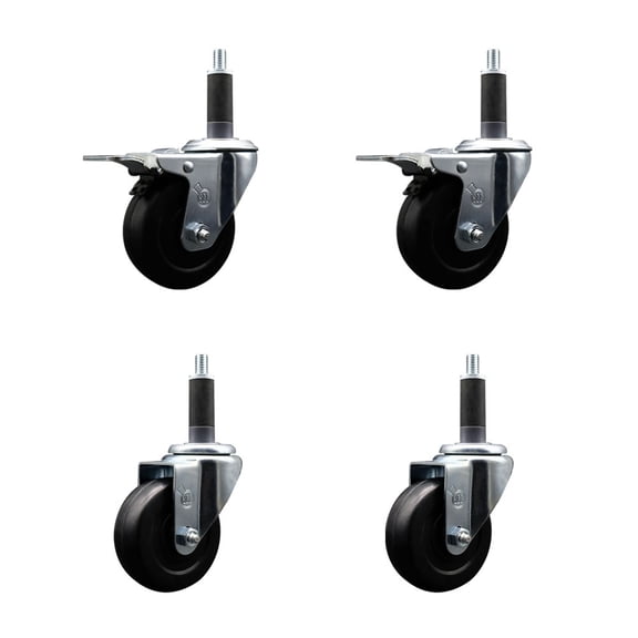 3.5 Inch Hard Rubber Swivel 1 Inch Expand Stem Caster Set 2 Total Lock Brakes