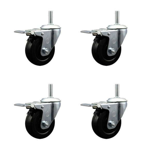 3.5 Inch Hard Rubber Swivel 3/4 Inch Threaded Stem Caster Set Total Lock Brake