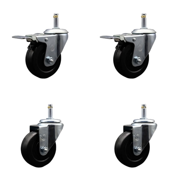 3.5 Inch Hard Rubber Swivel 7/16 Inch Grip Ring Stem Caster Set 2 Total Lock BRK