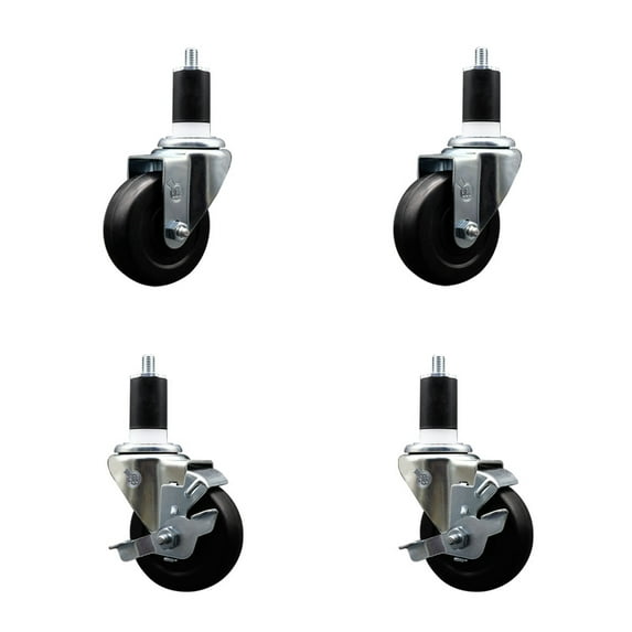 3.5 Inch Hard Rubber Wheel Swivel 1-1/2 Inch Expand Stem Caster Set 2 Brakes SCC