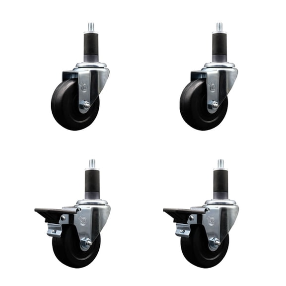 3.5 Inch Hard Rubber Wheel Swivel 1-1/4 Inch Expand Stem Caster Set 2 Brakes SCC