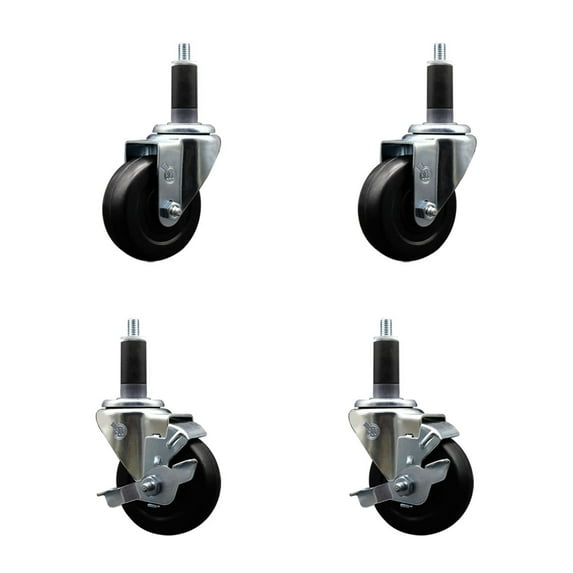 3.5 Inch Hard Rubber Wheel Swivel 1-1/8 Inch Expand Stem Caster Set 2 Brakes SCC