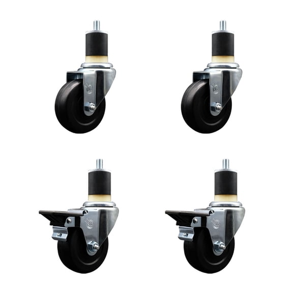3.5 Inch Hard Rubber Wheel Swivel 1-7/8 Inch Expand Stem Caster Set 2 Brakes SCC